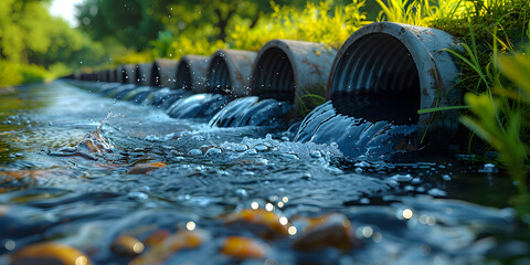 Row of drainage pipes releasing water into a river. Environmental management and water treatment concept with copy space