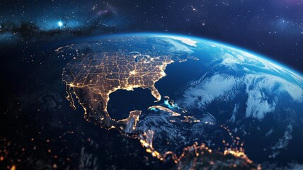 United States and North America from space at night with city lights showing human activity. - obrazy, fototapety, plakaty