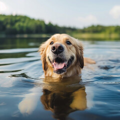 Happy golden retriever swimming in lake

