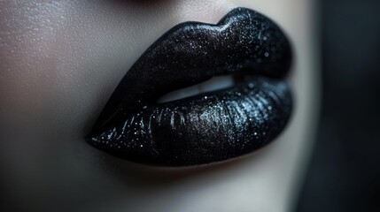 Glamorous black glossy lips close-up. Half-open female model mouth expresses sensuality and sexuality. Desaturated colors. Beauty and fashion concept.
