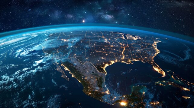 United States and North America from space at night with city lights showing human activity.