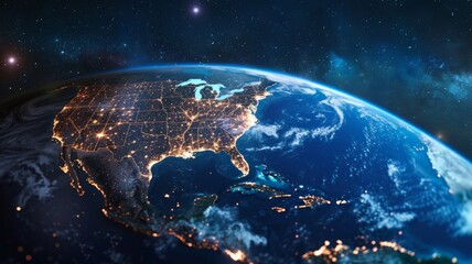 United States and North America from space at night with city lights showing human activity. - Powered by Adobe