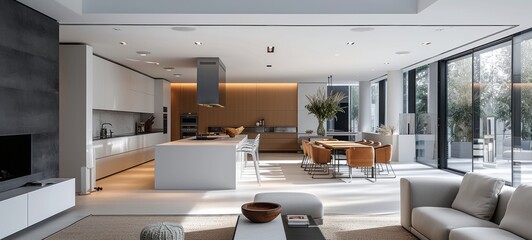 Interior of modern minimalist spacious kitchen with kitchen island. Plain facades, built-in home appliances, dining area, panoramic glazing with access to the garden. Contemporary home design.