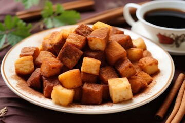 Cinnamon sugar croutons on white  plate top view