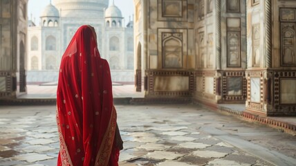 Woman in red sari in Taj Mahal, Agra, Uttar Pradesh, India