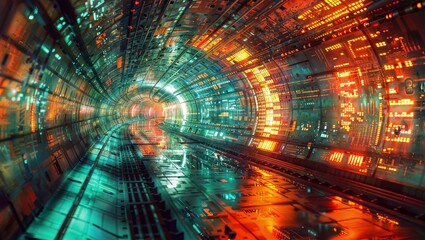 Hyperspace Tunnel: Futuristic scene with a spaceship traveling through a tunnel of light, perfect for sci-fi projects.