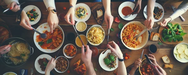 Fotobehang Detail of group people eating home made pasta © Filip