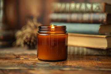 Mockup of a candle in an amber jar lying on a wooden surface with elements of dry flowers and books with space for text or inscriptions
