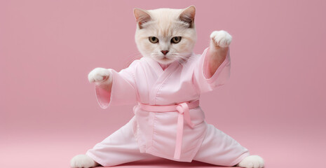 A determined cat in a karate stance, donned in a soft pink gi with a matching belt, exuding focus and grace against a minimalist pink backdrop.