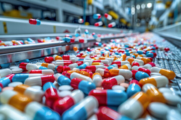 A belt conveyor that manufactures pharmaceutical capsule tablets. Medicine, drug concept. - obrazy, fototapety, plakaty