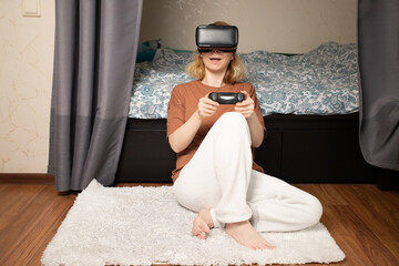 Home gaming experience, woman with VR headset, virtual reality console, digital leisure
