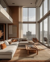 Interior of spacious minimalist living room in modern luxury apartment. Comfortable corner sofa, coffee table, bright carpet on the floor, indoor plant, panoramic glazing with city view.