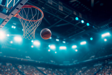 Basketball background. basketball ball flying into the basket with bright blue lights in the...