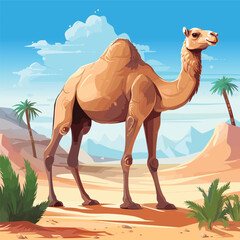Camel in desert with mountains. Journey, travel and Africa, tourism theme vector illustration