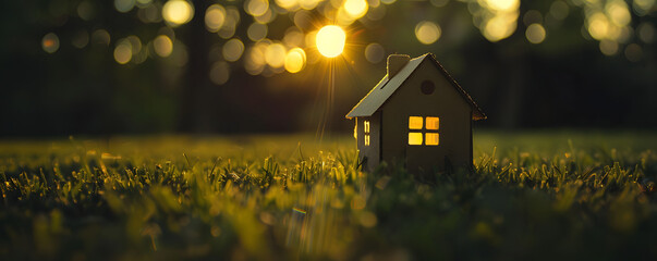 A small model home is placed on green grass, bathed in sunlight against an abstract background. Copy space with a home and life concept. A close up view of a tiny home model in a serene environment. - obrazy, fototapety, plakaty