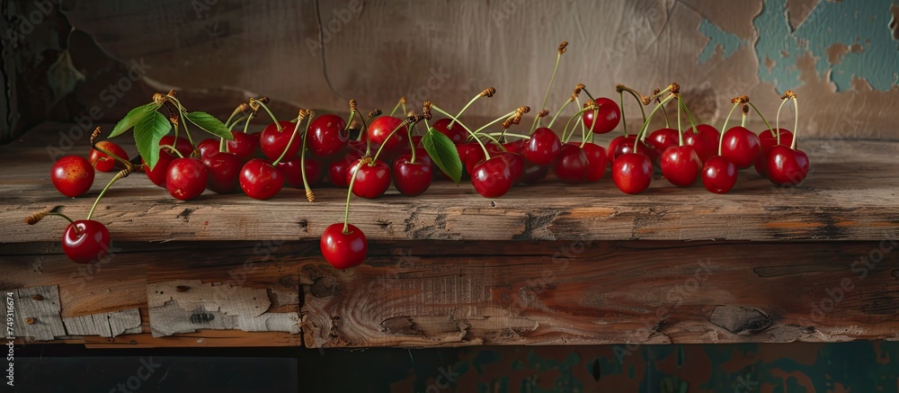 Poster a bunch of ripe cherries is arranged neatly on a weathered wooden table, creating a simple yet strik