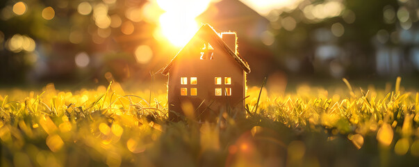 A small model home is placed on green grass, bathed in sunlight against an abstract background. Copy space with a home and life concept. A close up view of a tiny home model in a serene environment. - obrazy, fototapety, plakaty
