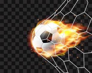 Football ball hitting the net,soccer ball with fire tongues