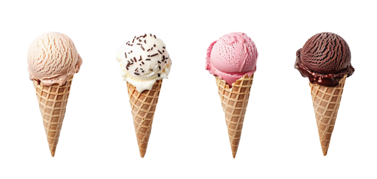 Strawberry, Chocolate and Vanilla Ice cream in the cone on transparent background