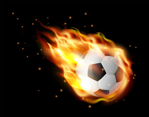 Football ball falling in flame blaze,soccer ball with fire tongues