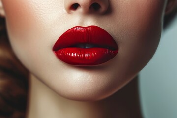 Glamorous red lips close-up. Glossy red lipstick makeup. Half-open mouth of beautiful Caucasian female model expresses sensuality and sexuality. Beauty and fashion concept.