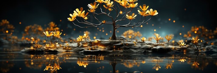 Blossom Tree Over Nature Background Spring, with lights, light black and yellow, Background HD, Illustrations