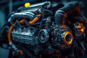 Close-up image of a car engine. Modern automobile internal combustion engine with low carbon dioxide emission. Car technology background. - obrazy, fototapety, plakaty