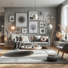 Modern Scandinavian Living Room Interior with Elegant Furniture and Decor.wall Art , Poster , Interior Design ,