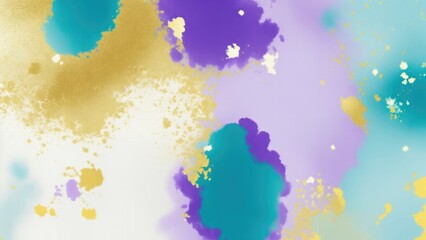 Purple Teal Gold and White Hazy paint splatter pastel background