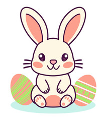 Obraz premium Happy Easter rabbit. Bunny with egg for kids. Rabbit or hare, spring festival animal. Cute bunny. Cartoon holiday decent vector character. Vector illustration on transparent background.