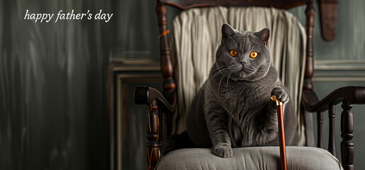 Postcard with a British gray cat with a cane in its paws sitting in a chair, poster concept with the inscription Happy Father's Day