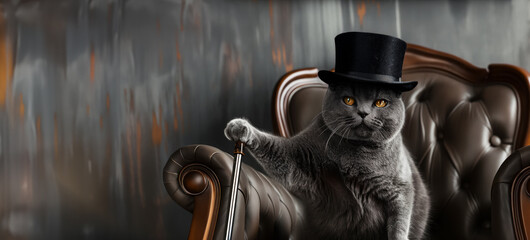 Father's Day poster with a gray British cat in a bowler hat and with a cane sitting on a chair, humorous card with copy space