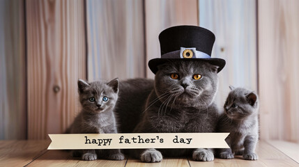 Gray cat in a bowler hat and kittens, humorous card for Father's Day