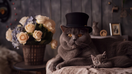 British gray cat in a bowler hat and a kitten lying on the sofa, humorous father's day poster