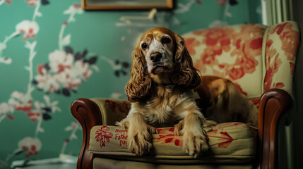 Father's Day greeting card, beautiful cocker spaniel lies on his father's favorite chair, pets greeting card