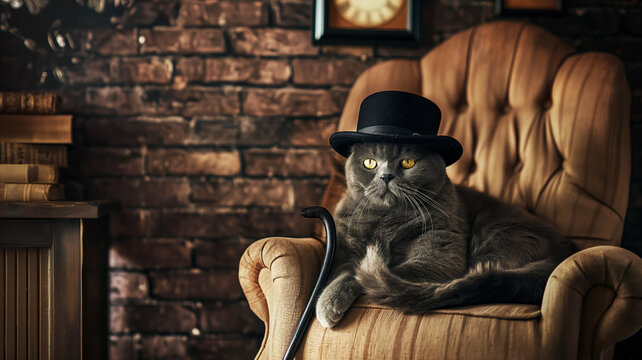 A British gray cat in a bowler hat and with a cane in his paws lies in an old chair, concept space with copy space and a Happy Father's Day card