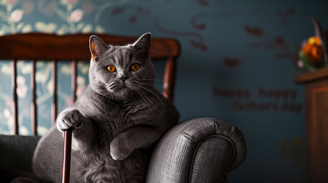 A British gray cat with a cane in his paws sits on a chair, against a background with copy space
