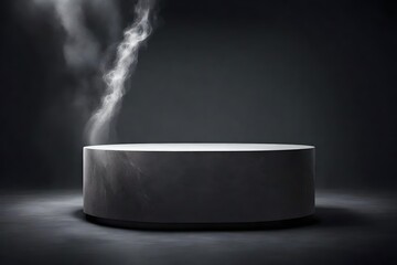 Stone cylinder shape product stand pedestal for brand product dark grey color mockup for ads design with smoke float up. Platform illuminated by spotlights - obrazy, fototapety, plakaty