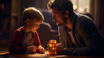 Father and son playing in living room, photo shot - obrazy, fototapety, plakaty