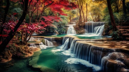 Idyllic fantasy waterfall with autumn trees and beautiful flowers, serene natural landscape