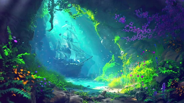 Sunken Treasure: Pirate Ship Resting on the Seabed Seamless looping 4k time-lapse virtual video animation background. Generated AI