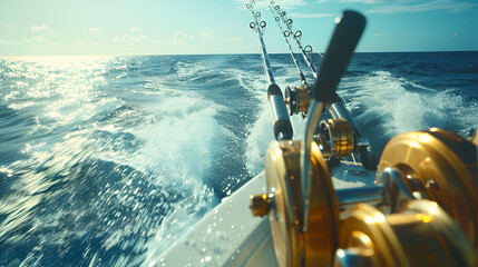 boat fishing trolling panoramic rod and reels blue sea, generative ai - obrazy, fototapety, plakaty