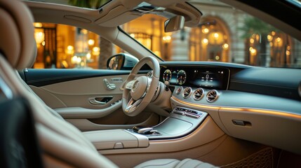 Interior of a modern luxury car with dashboard, windshield, steering wheel, driver's seat, center console and sunroof. Noble beige leather finishing, electronic control panel with digital display. - obrazy, fototapety, plakaty