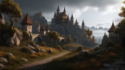 medieval fantasy landscape with dark atmosphere