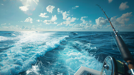 boat fishing trolling panoramic rod and reels blue sea, generative ai