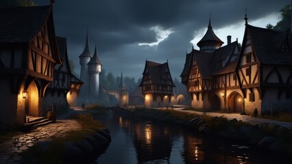Fototapeta na wymiar medieval fantasy landscape with dark atmosphere
