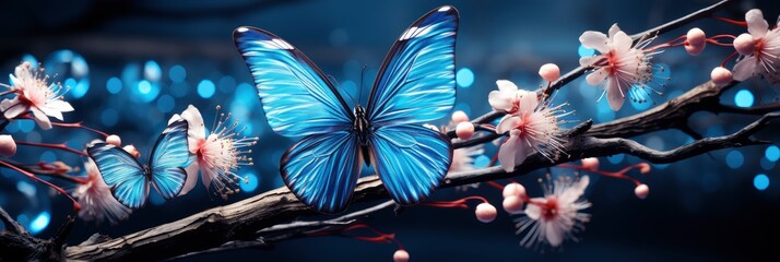 Blossoming Sakura Branch Bright Blue, with lights, light black and yellow, Background HD, Illustrations