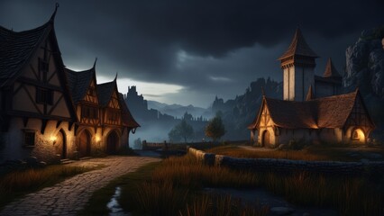 medieval fantasy landscape with dark atmosphere