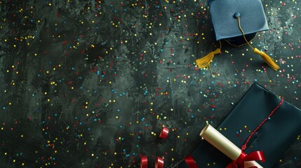 A festive flat lay of graduation caps and diplomas set against a rich green background, sprinkled with gold stars, symbolizing achievement and commencement festivities with copy space for text.