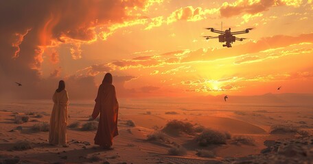 Unmanned Aerial Vehicle, person watching the sunset